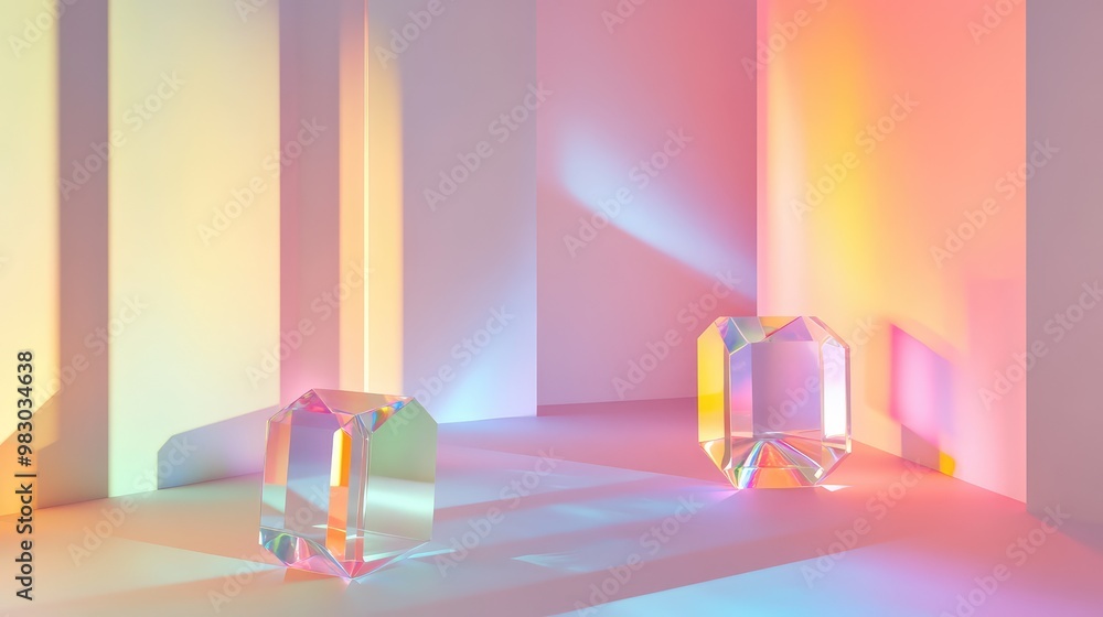 Wall mural Floating translucent 3D prisms, reflecting colorful light in a minimalistic setting.