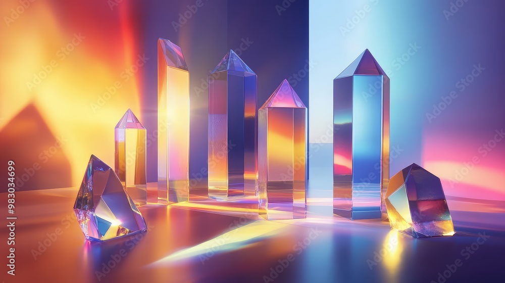 Poster floating translucent 3d prisms, reflecting colorful light in a minimalistic setting.