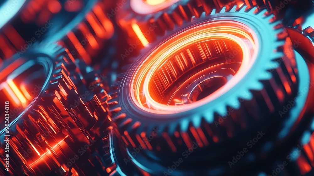 Aufkleber interlocking 3d gears in motion, glowing with neon light in a futuristic setting.