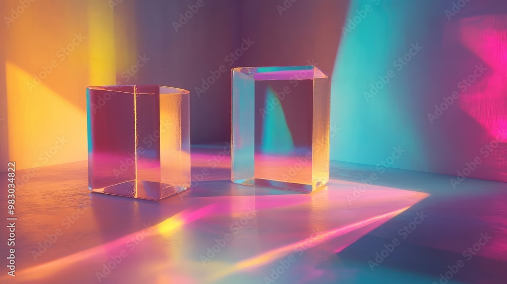 Poster floating translucent 3d prisms, reflecting colorful light in a minimalistic setting.