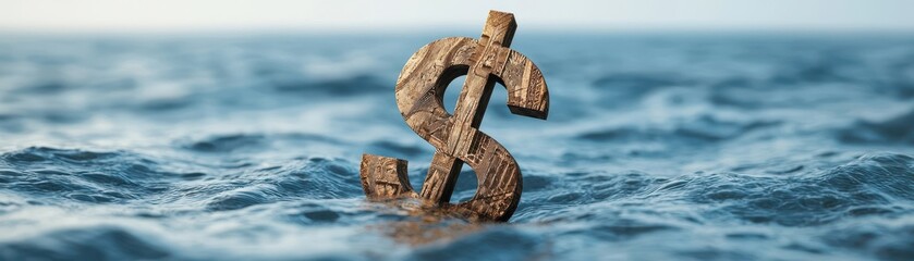 Fototapeta premium A unique dollar symbol emerging from calm waters, symbolizing wealth, finance, and economic growth in a tranquil setting.