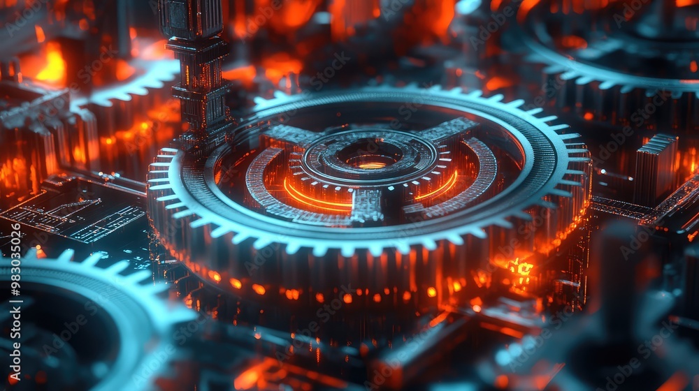 Poster interlocking 3d gears in motion, glowing with neon light in a futuristic setting.