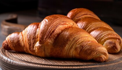 Freshly baked croissant on wooden table; fresh French croissants on a wooden platter; food photography; blurred background; selective focus; French bakery
