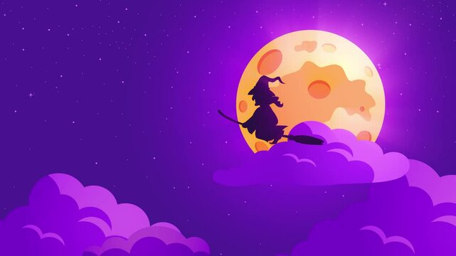 Cartoon silhouette of a witch flying on her broomstick against a full moon backdrop, perfect for Halloween-themed contents