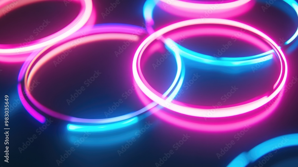 Aufkleber intersecting 3d neon rings creating a dynamic geometric pattern in a dark void.