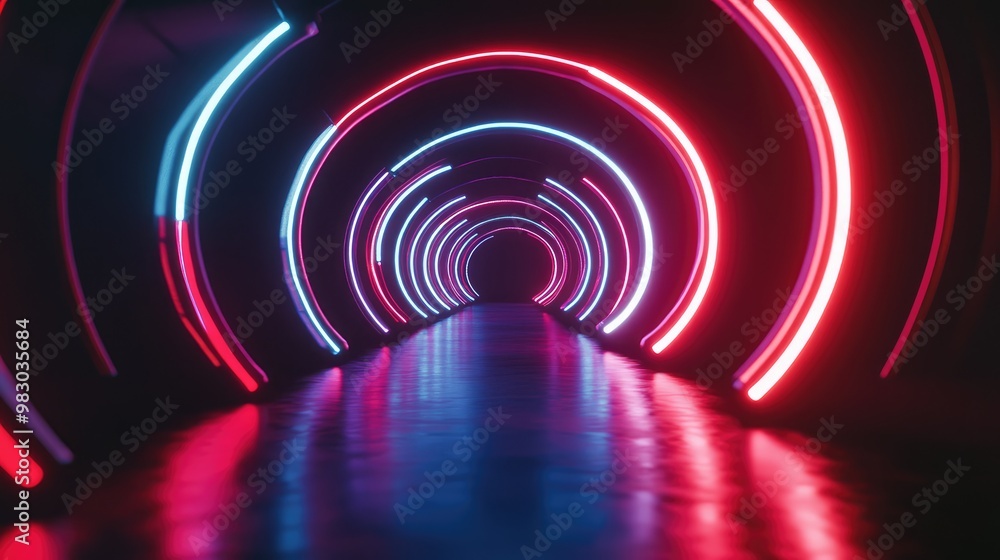 Aufkleber intersecting 3d neon rings creating a dynamic geometric pattern in a dark void.