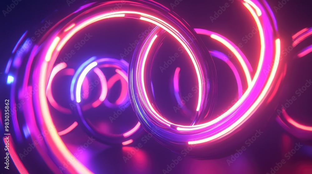 Aufkleber intersecting 3d neon rings creating a dynamic geometric pattern in a dark void.