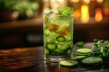 Cucumber Refreshment. Refreshing green cucumber cocktail with mint gar