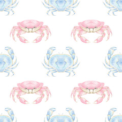 Watercolor seamless pattern with blue and pink crabs on a white background. Cute illustration for textiles and wrapping paper