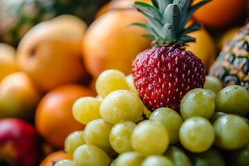 Fresh strawberry resting on green grapes surrounded by exotic fruits