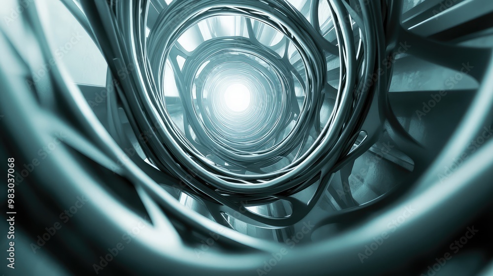 Poster interwoven 3d tubes forming a complex knot-like structure in a futuristic setting.