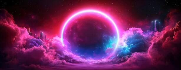 Obraz premium A futuristic city built on the rings of a distant planet, glowing with neon lights, dare to dream, outer space civilization