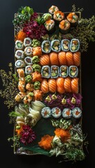 Fototapeta premium Creative New Year's Sushi Platter with Artistic Arrangements of Fresh Seafood Rolls