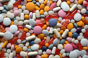Background with pills and capsules in random ordered heap. Medical drug or dietary supplement concept