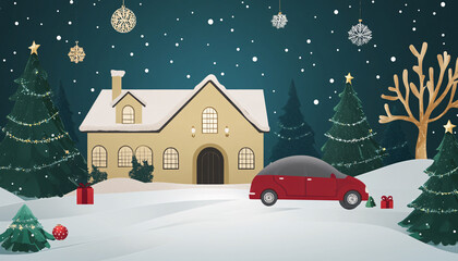 Fototapeta premium Charming winter scene with a house and decorated trees.