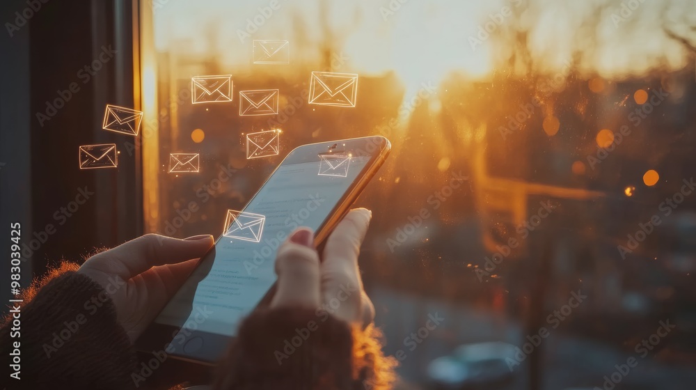 Poster female hand holding a phone with email icons floating around during a sunset. illustrates remote com