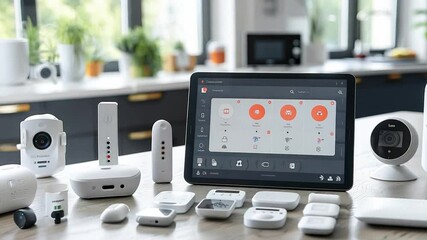 A sleek array of smart home devices is neatly displayed on a kitchen counter, emphasizing connectivity and convenience for everyday household management.
