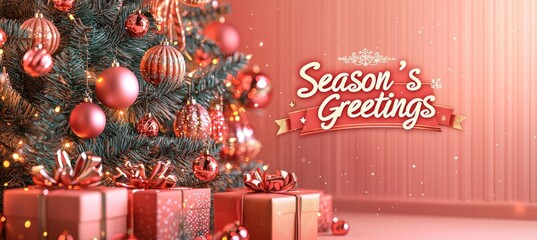 Festive Christmas Email Header with Decorated Tree, Gifts, and Elegant "Season's Greetings" Banner