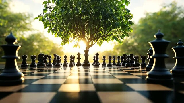 A lush, green tree towers over a chessboard, where pieces are arranged to depict the strategic measures necessary for conserving ecosystems