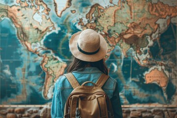 Woman Traveler with Backpack Exploring World Map - Adventure and Travel Concept