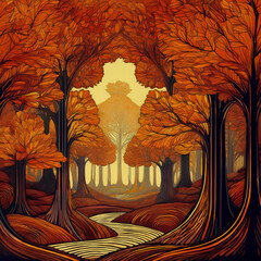 Art Nouveau Style Autumn Forest with Stream Illustration Square Format