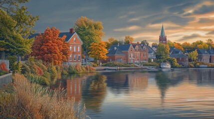 Naklejka premium Tranquil Riverfront Town in Autumn