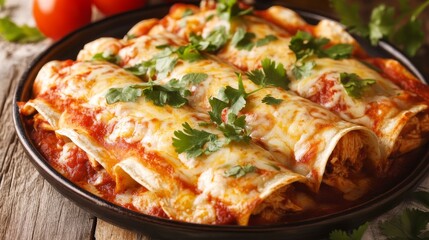 Enchiladas de Pollo: Corn tortillas filled with shredded chicken, topped with a tomato or chili sauce and cheese. 