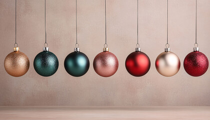 Colorful decorative Christmas ornaments on a beige background.