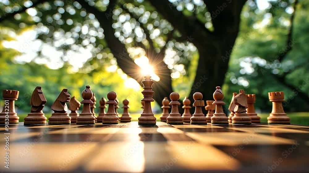 Aufkleber a chessboard set under a sprawling tree, where each move represents a tactic in preserving natural r