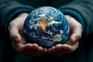 Hands holding a detailed globe representing Earth in a dark setting