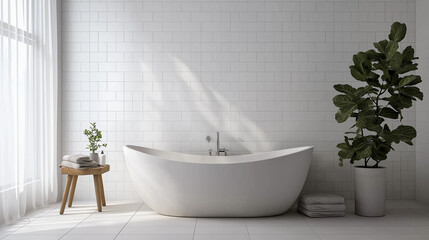 Minimalist bathroom with a freestanding tub, clean white tiles, and a single piece of decor on the wall