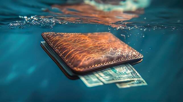 A sinking wallet in water . This image portrays money problems and the concept of bankruptcy.