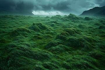 Lush green landscape with rolling hills under a moody sky