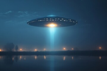 Mysterious UFO hovering over a calm lake at night, illuminated by a brilliant beam of light under a starry sky