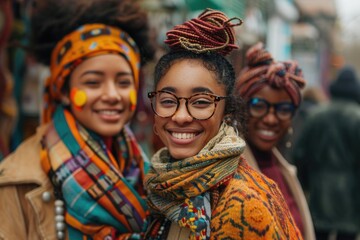 Fototapeta premium Smiling Women in Colorful Winter Attire at Outdoor Market