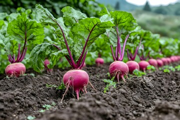 Freshly harvested radishes growing in a vibrant farm field
