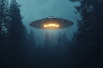 Mysterious UFO hovering over a dark forest under a starlit sky at night