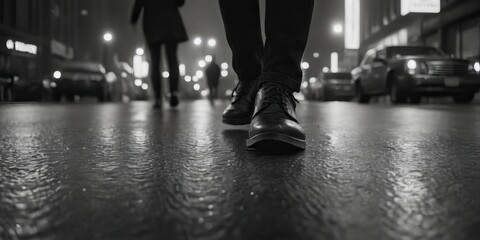 A black and white photo capturing a city street illuminated at night