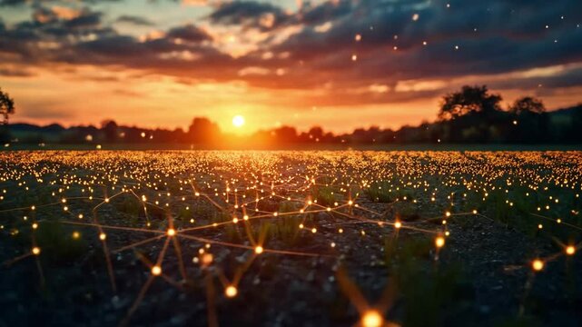Sunset over a field with glowing connections illustrating technology and nature mingling