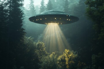 Obraz premium Mysterious UFO hovers over a dense forest, casting beams of light on the trees during twilight hours