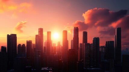 Fototapeta premium Stunning city skyline at sunset, showcasing silhouette buildings against a vibrant orange and purple sky.