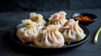 Steamed Chicken and Shrimp Dumplings (Shumai) on a Black Plate with Chili Sauce on a Dark Slate Backdrop. Generative AI.