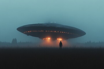 Obraz premium Mysterious figure stands before a glowing flying saucer in a foggy landscape at dusk