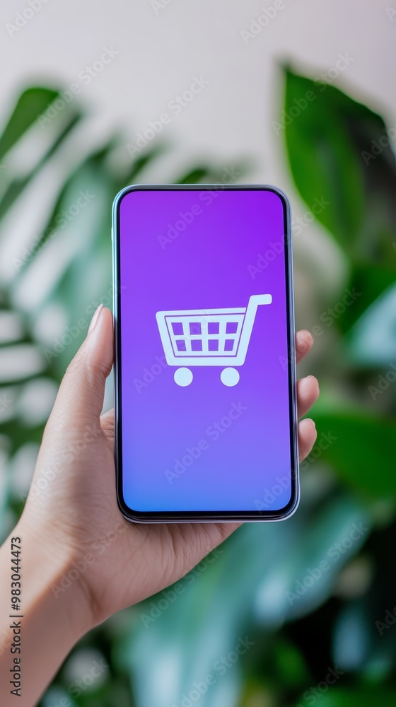 Poster User interacting with various online shopping icons on a smartphone. Emphasis on digital consumerism and mobile apps.