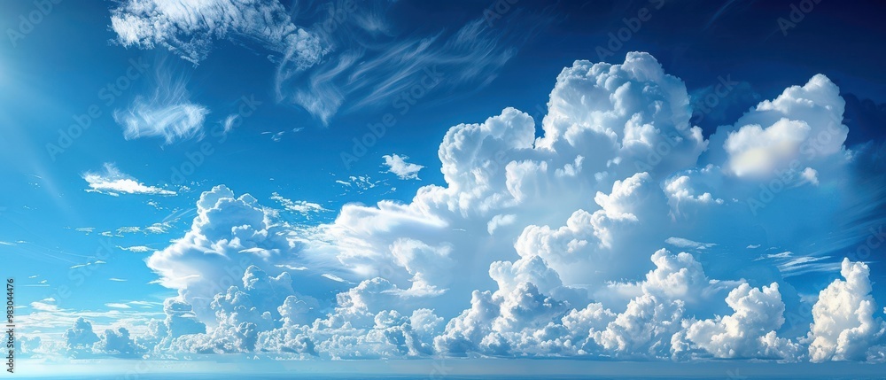 Wall mural a panoramic view of a blue sky with fluffy white clouds, creating a calming effect. free copy space 