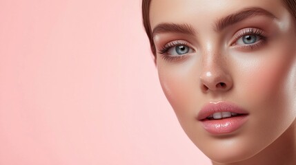 Fototapeta premium A close-up of a model's flawless skin and natural makeup against a soft pink background in a studio setting