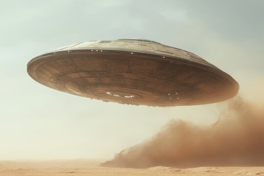 Mysterious flying saucer hovering above a desert landscape during the day, stirring up dust and showcasing an otherworldly presence