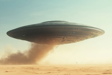 A mysterious flying saucer hovers over a dusty desert landscape at dusk, sending up a cloud of sand