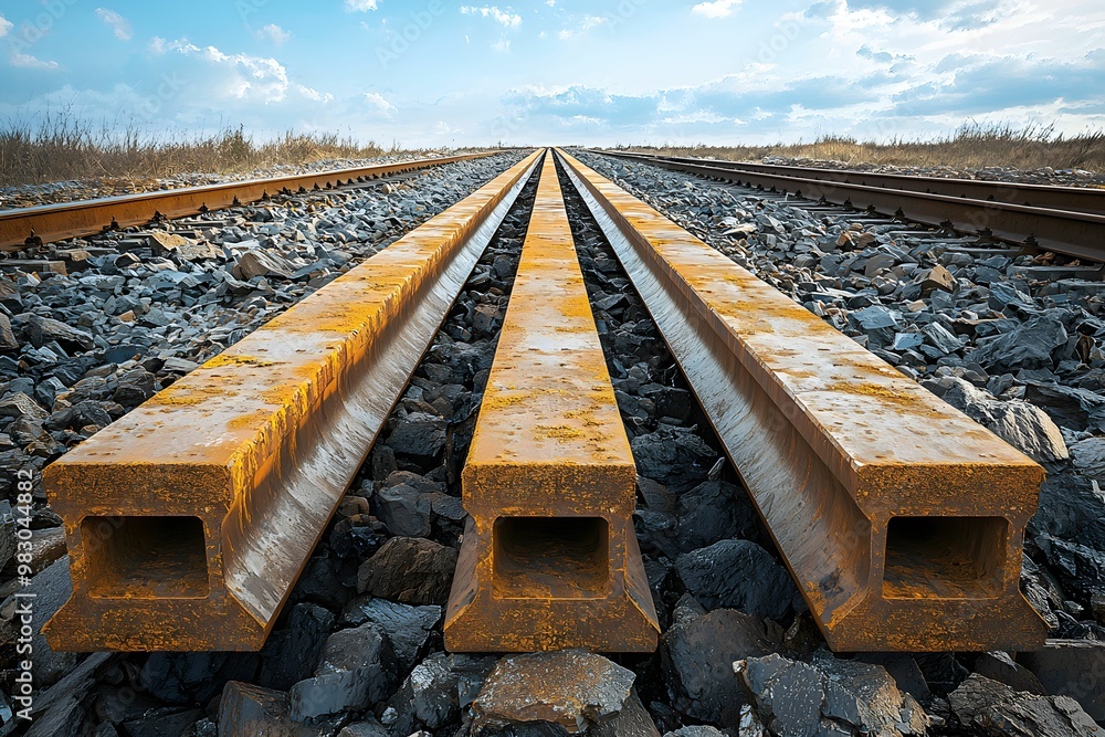 Poster rusty railway tracks extending into the distance under a cloudy sky