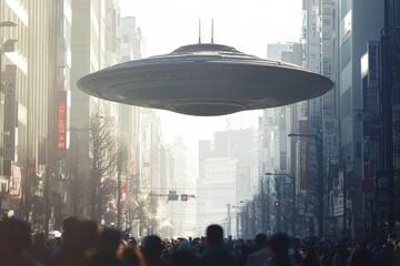 A large unidentified flying object hovers above a busy city street filled with pedestrians during daylight